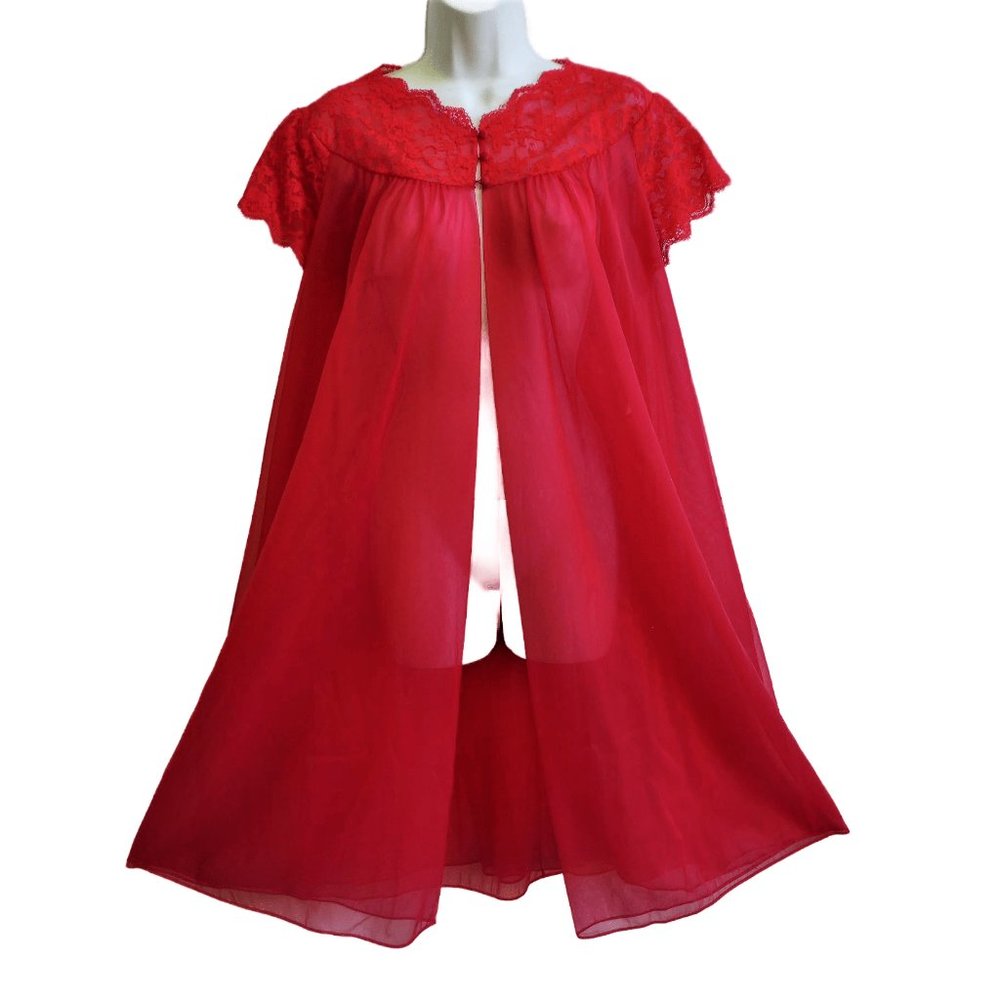 Vintage 60s Warners Red Nylon Dress Coat Double Chiffon Lace Babydoll Nightgown